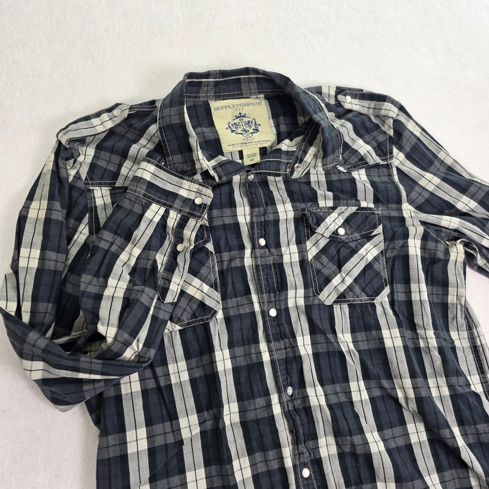 Supply Company USA Mens XXL Plaid Snap‎ Front Western Shirt NavyWhite Cotton